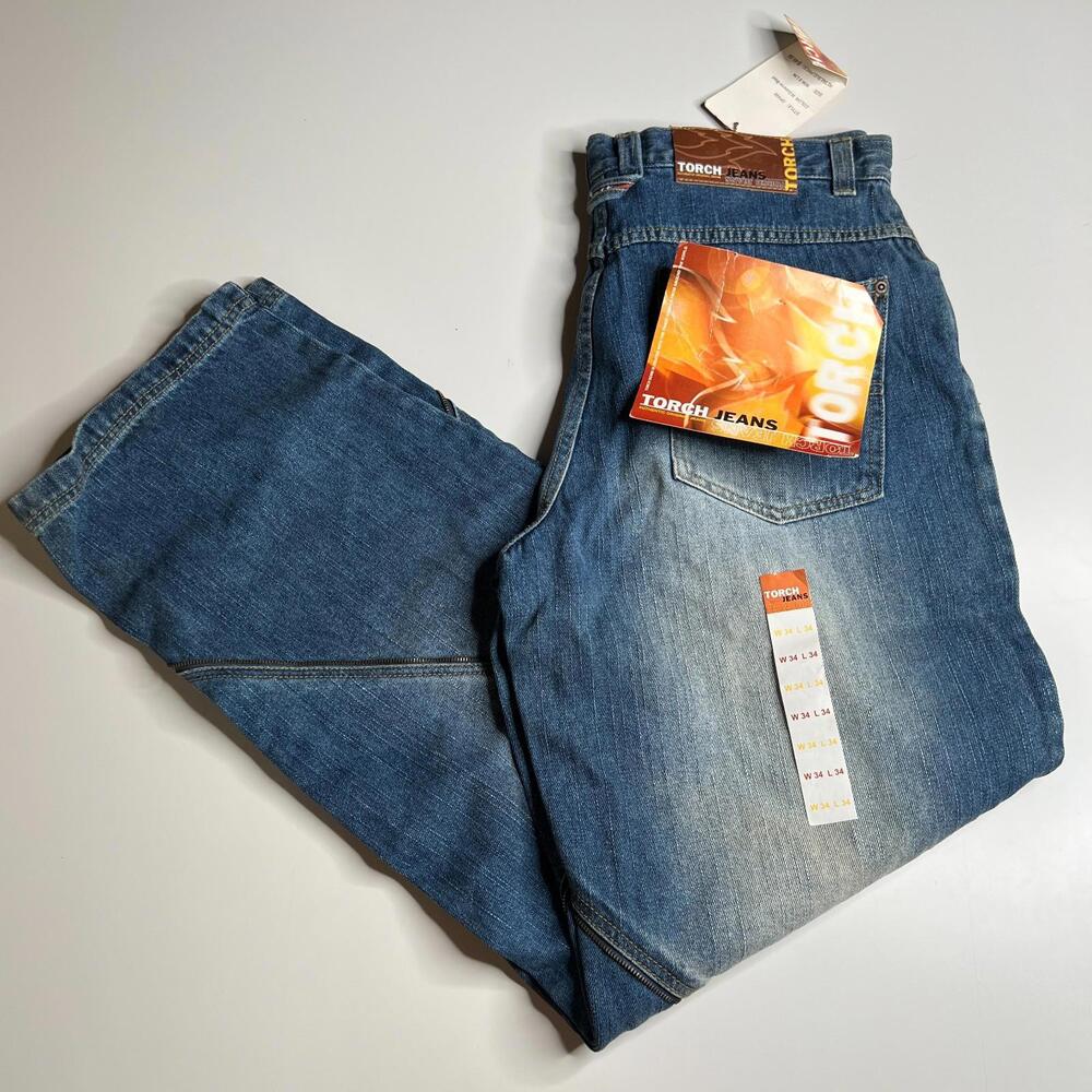Torch Jeans Y2K Baggy Denim Pants W34 L34 Blue‎ Zip Panel Wide Leg 2000s Vintage